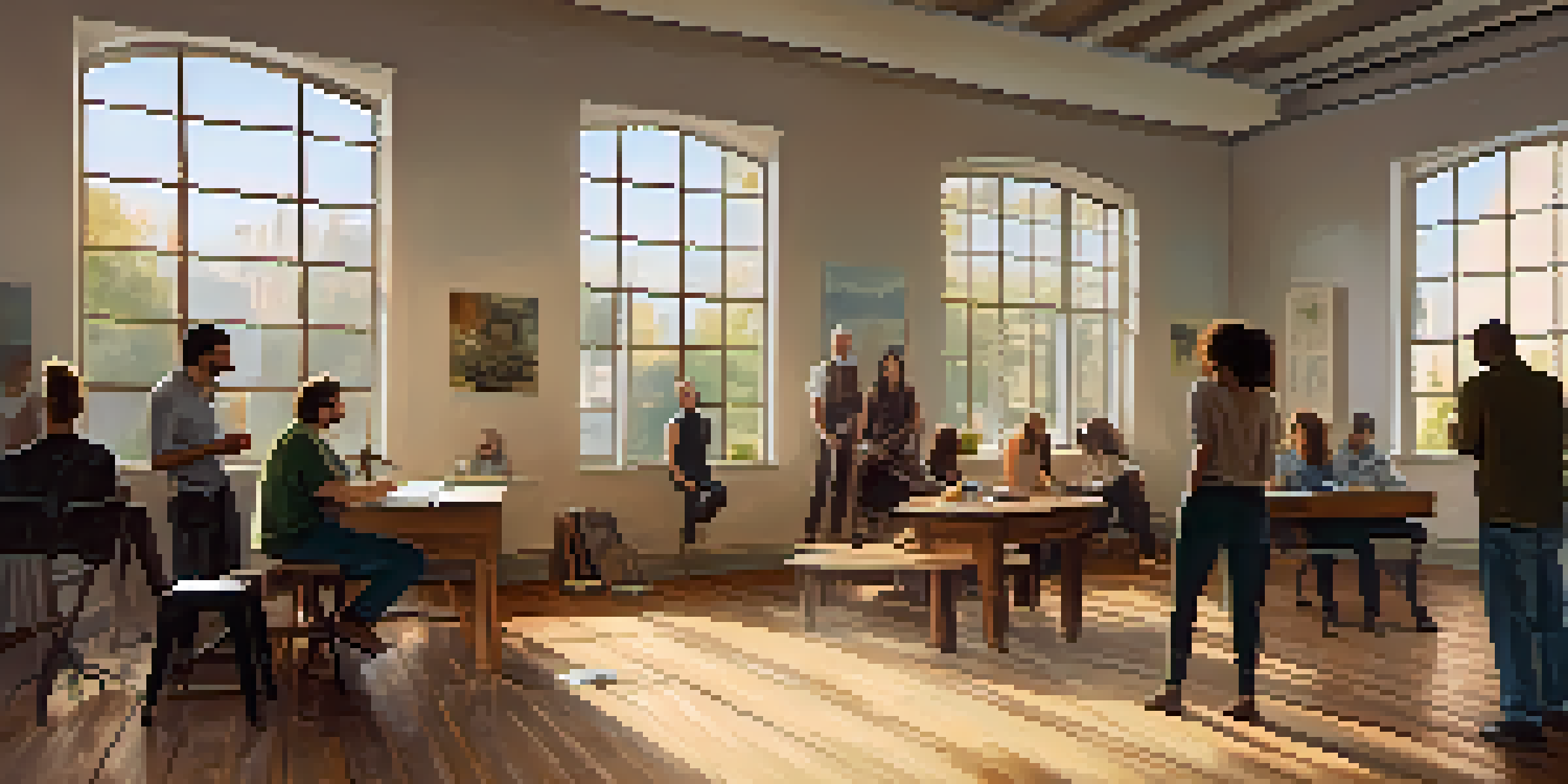 A warm and inviting rehearsal space with actors laughing and collaborating, illuminated by natural light through large windows.