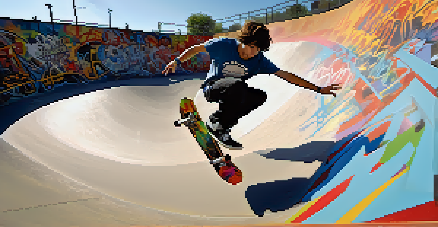 A skateboarder performing a trick in an urban skate park with graffiti and bright colors.