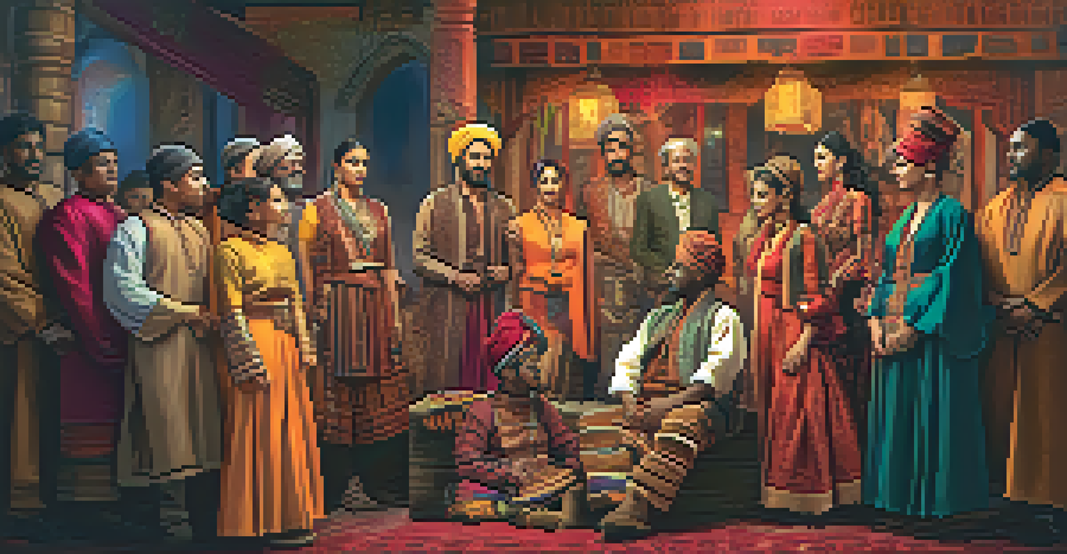 A colorful film set featuring actors in traditional attire from various cultures, under warm lighting.