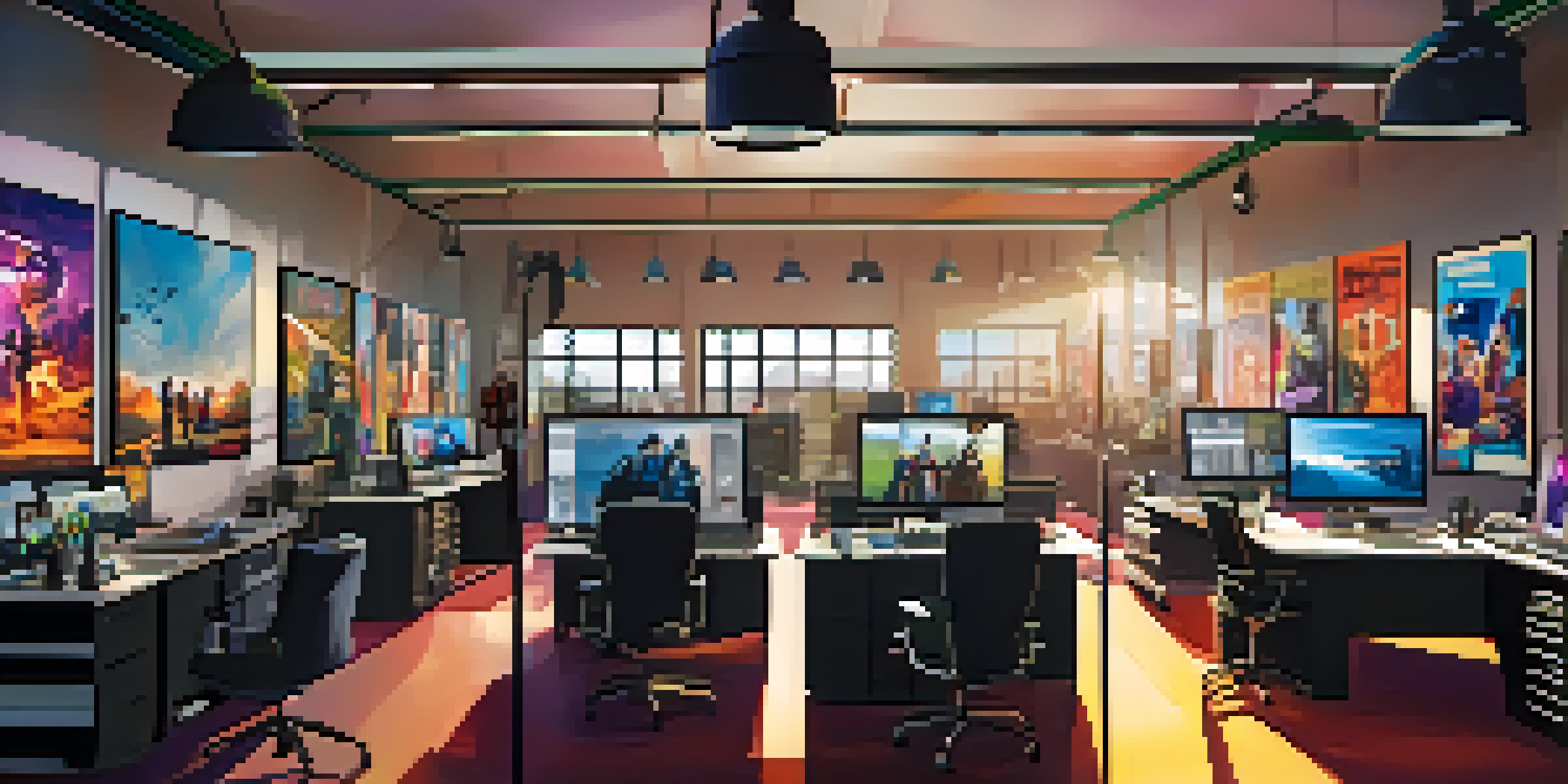 A bright and colorful film studio office with movie posters and modern technology, showcasing a collaborative atmosphere among filmmakers.