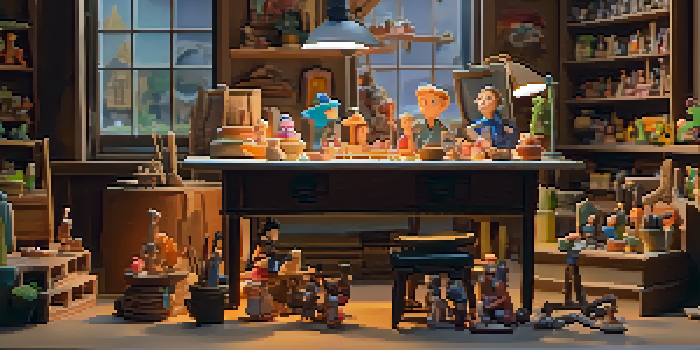 A warm and inviting stop-motion animation studio with colorful clay figures, a camera on a tripod, and sketches scattered on a wooden table.