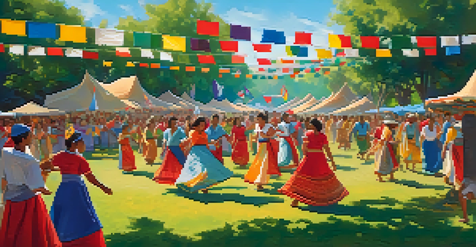 A lively cultural festival with people dancing, displaying art, and sharing food under colorful decorations and a bright sky.