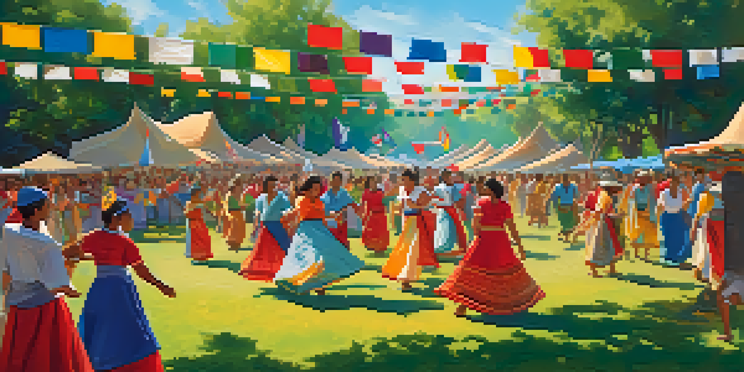 A lively cultural festival with people dancing, displaying art, and sharing food under colorful decorations and a bright sky.