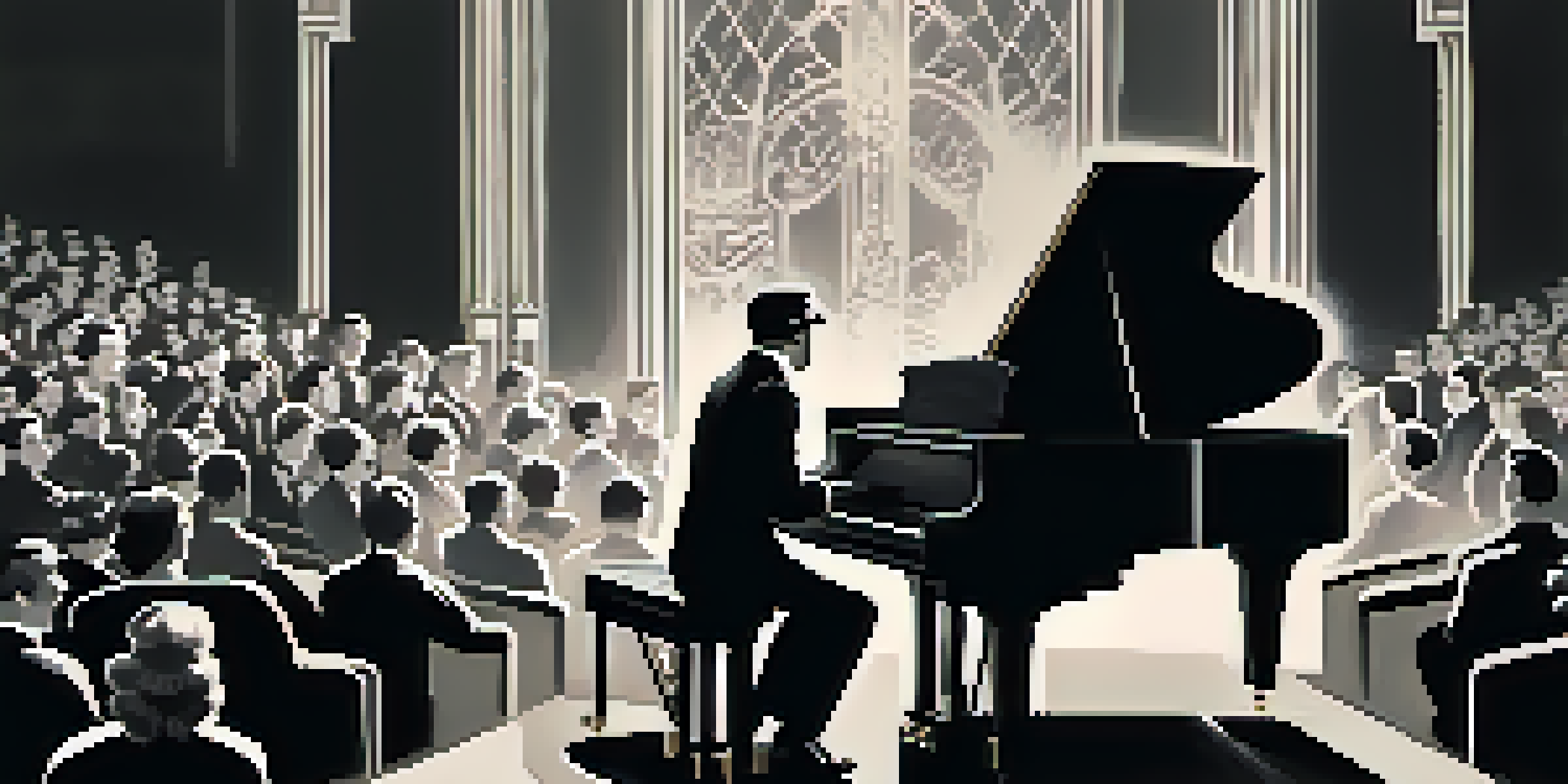 A vintage black and white scene of a silent film screening with a grand piano and an audience in 1920s attire.