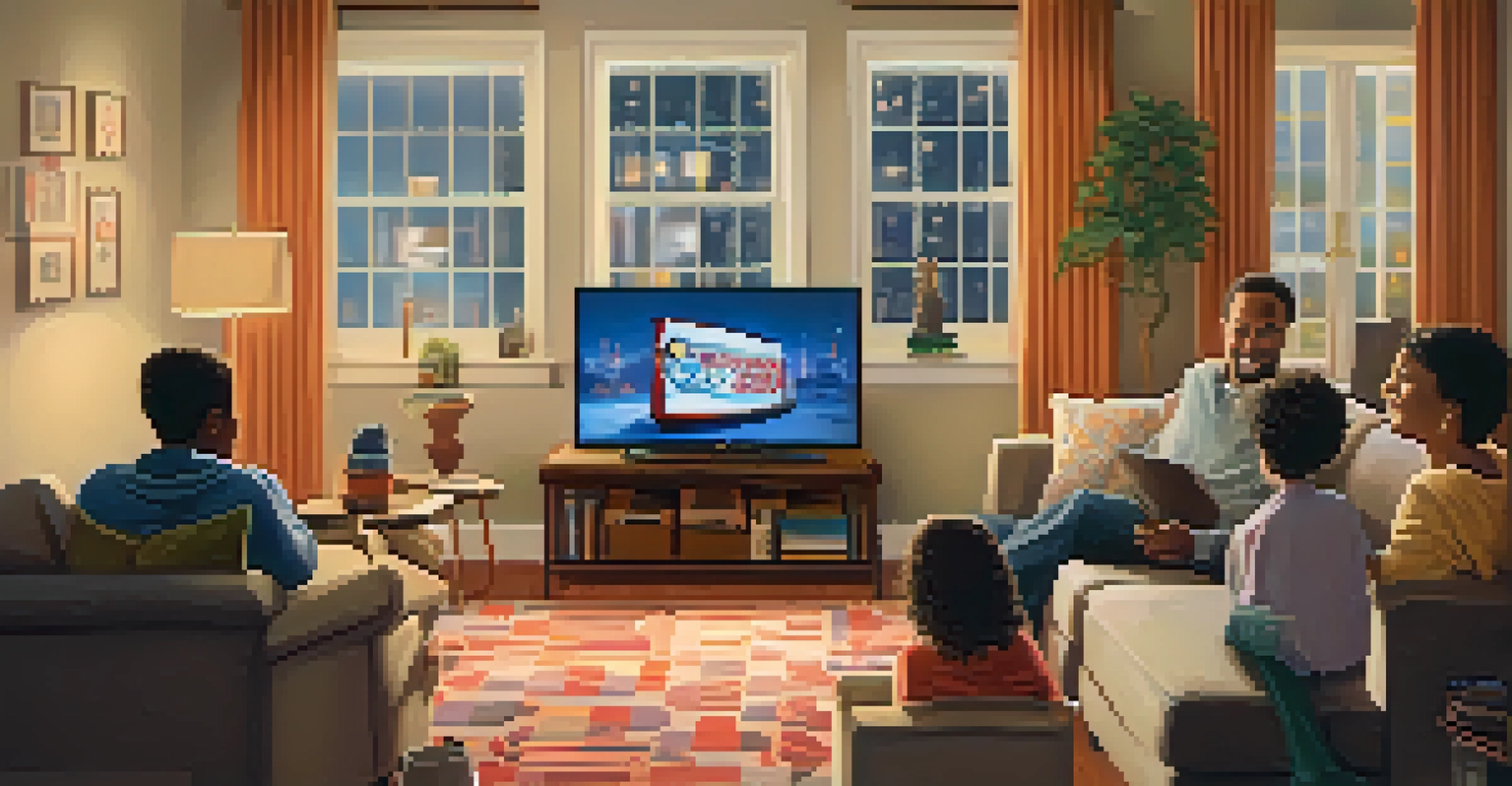 A family enjoying an award show in a cozy living room, with warm lighting and snacks on the table.