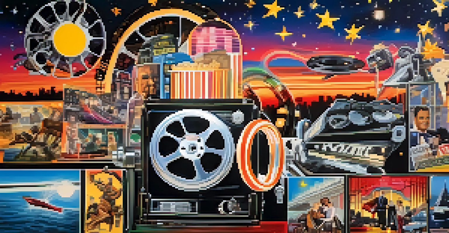 A colorful film reel transforming into a collage of famous movie scenes and posters against a night sky backdrop.