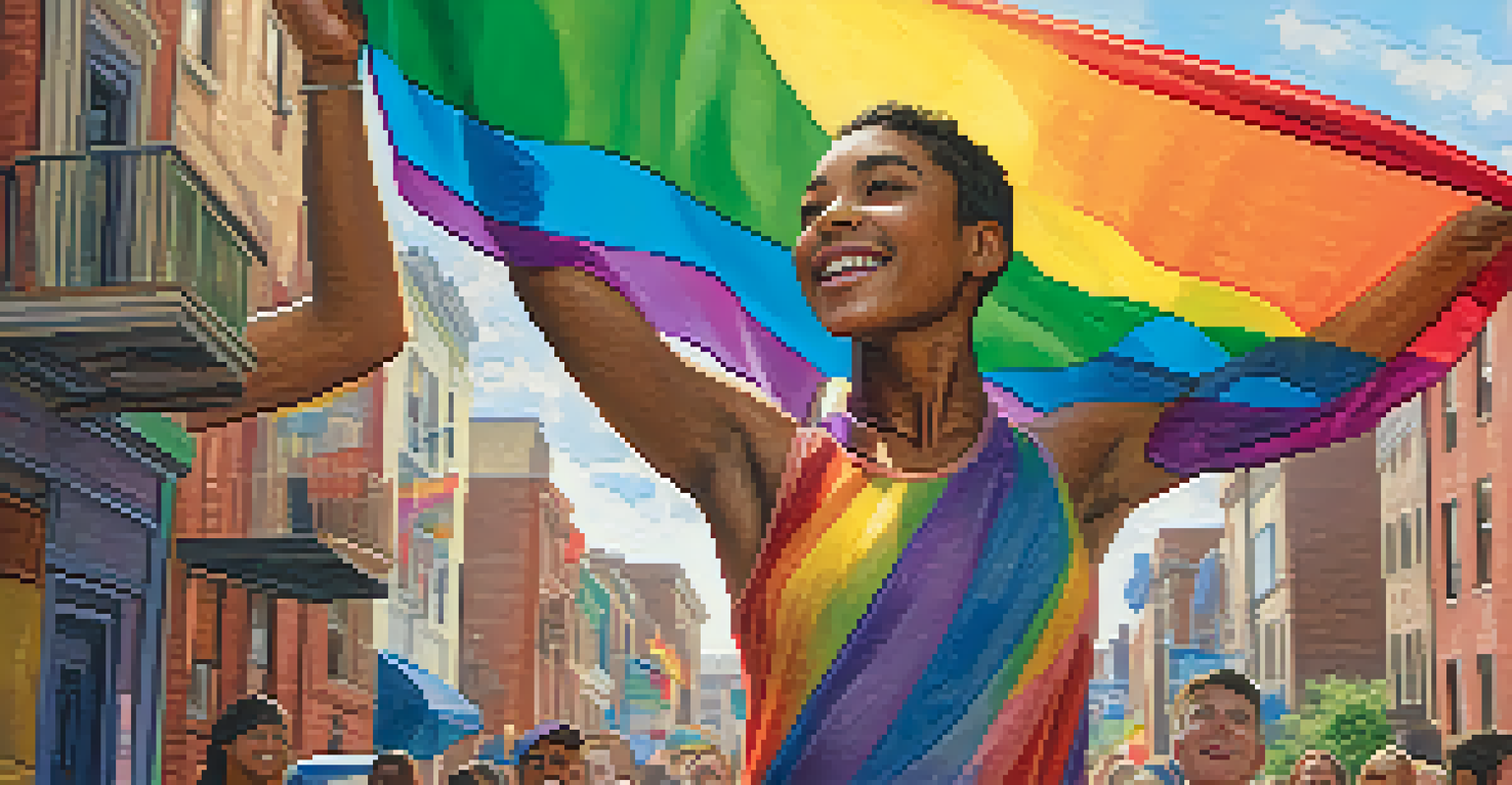 A close-up of a young person holding a rainbow flag with a joyful expression, surrounded by colorful urban murals and twinkling lights.