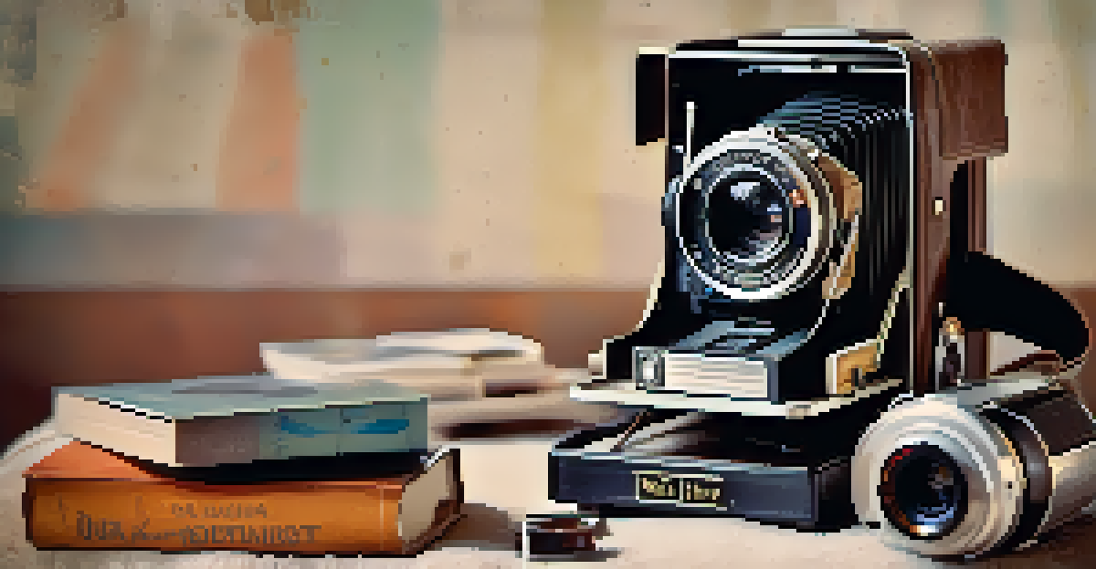 A collection of vintage film rolls and a Polaroid instant camera on a textured fabric surface, surrounded by warm ambient light for a nostalgic effect.