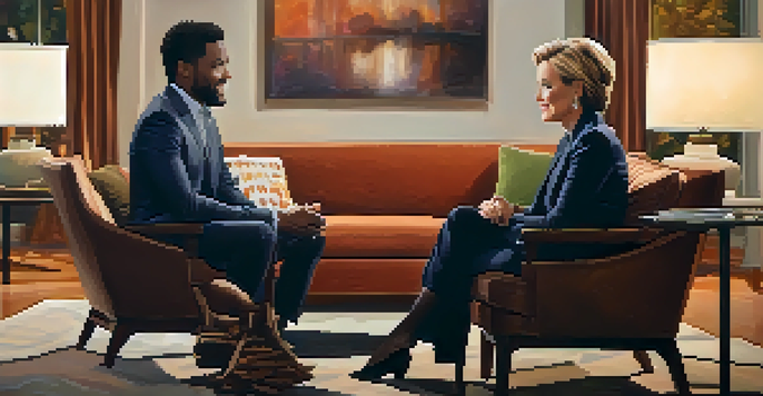 A celebrity being interviewed in a cozy living room setting, with soft lighting and a warm atmosphere.