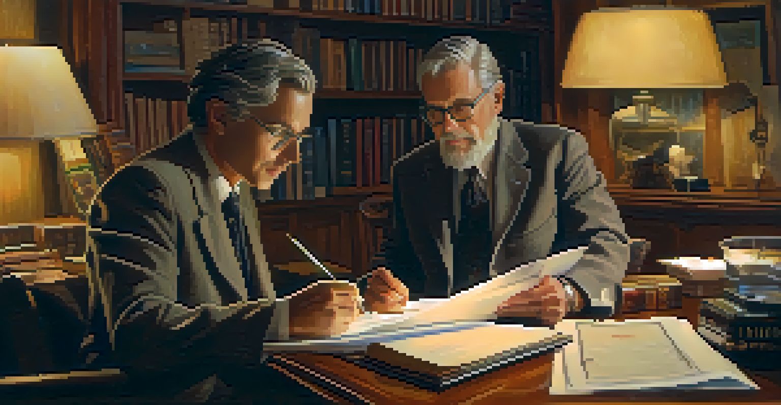 A historical consultant and a filmmaker discussing documents in a cozy office filled with books.