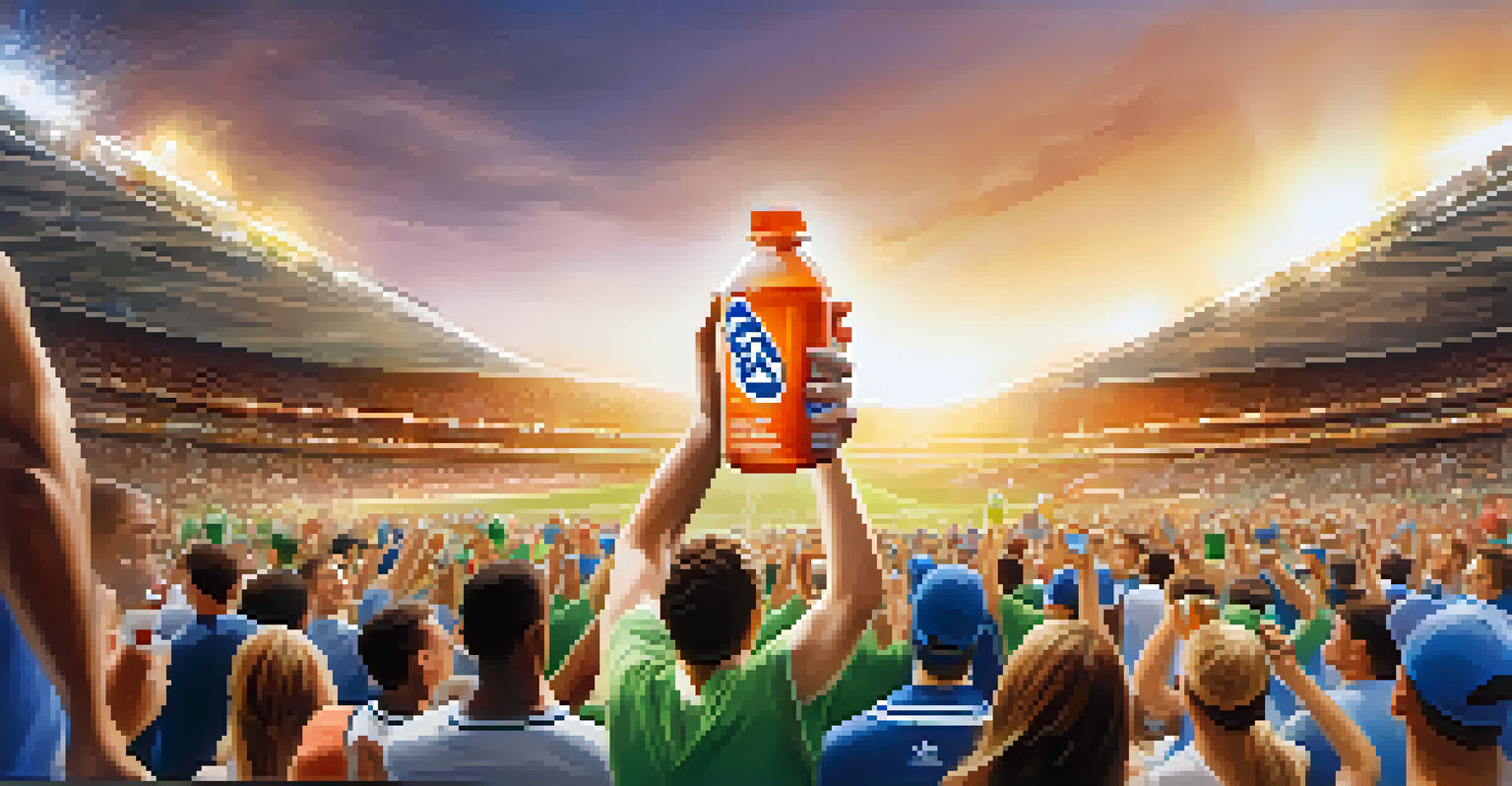 A star athlete using a branded sports drink during a major sporting event, with a cheering crowd in the background.