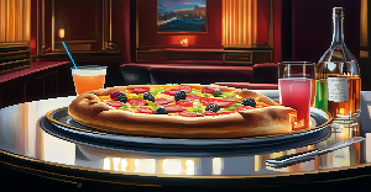 A gourmet meal served in a luxury cinema, featuring artisanal pizza, a craft cocktail, and decadent desserts on an elegant tray.
