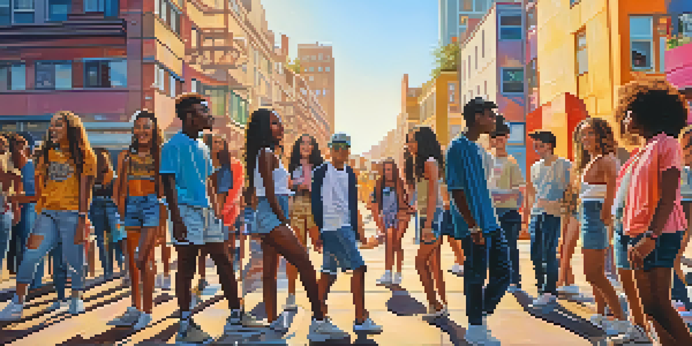 A diverse group of young people in an urban setting, surrounded by colorful street art, showcasing various activities and unique fashion styles in warm sunlight.