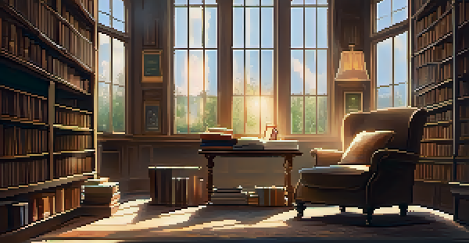 A cozy library with sunlight filtering through windows, illuminating a reading nook with an armchair and a cup of tea.