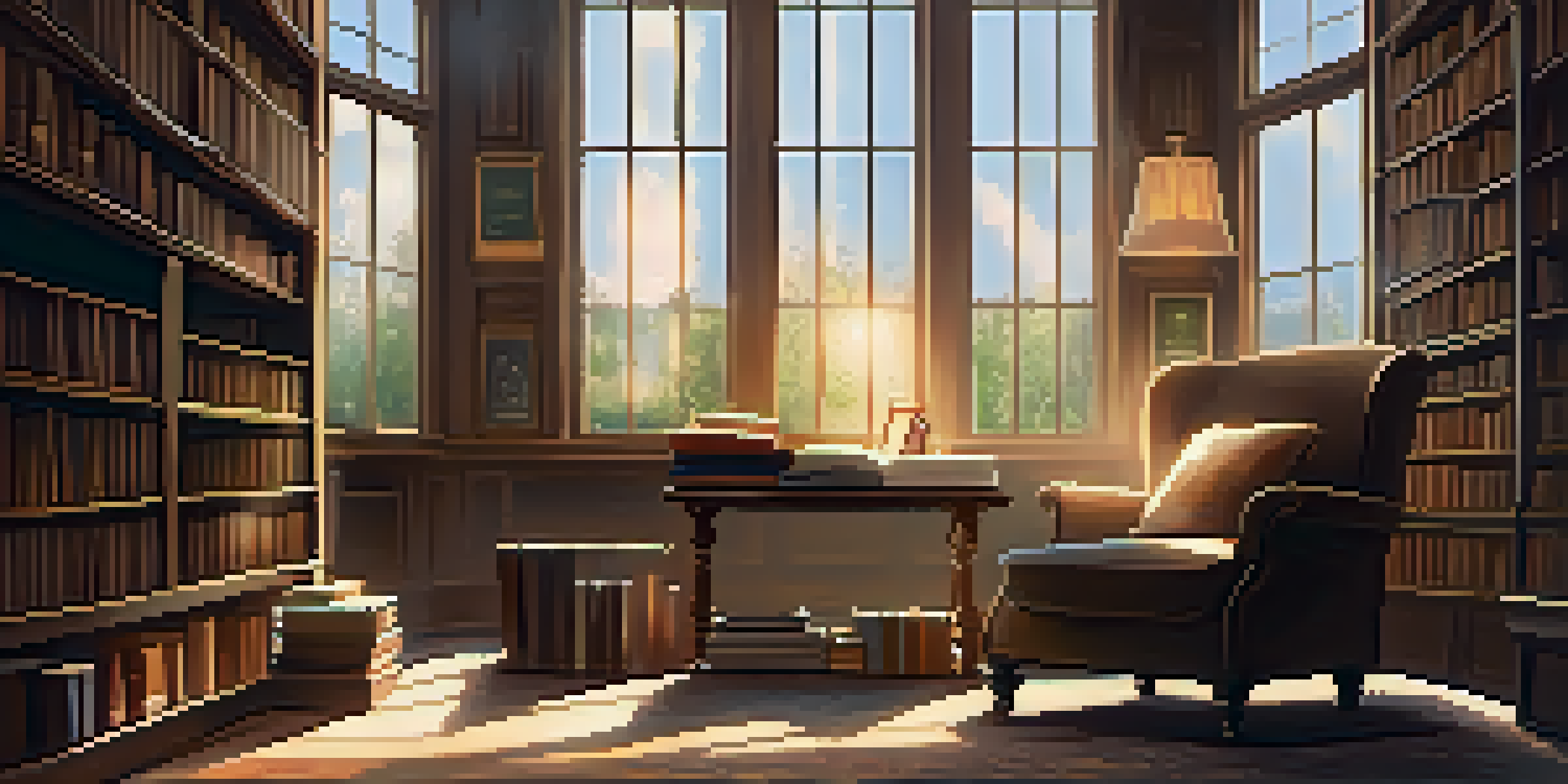 A cozy library with sunlight filtering through windows, illuminating a reading nook with an armchair and a cup of tea.