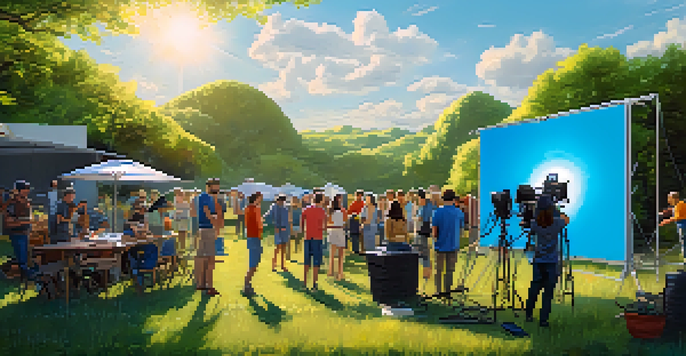 A film set with solar panels and an eco-friendly crew working outdoors, surrounded by greenery and colorful props.