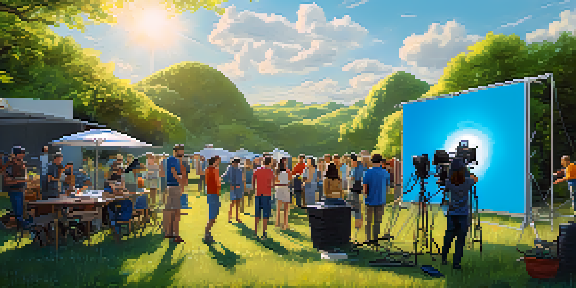 A film set with solar panels and an eco-friendly crew working outdoors, surrounded by greenery and colorful props.