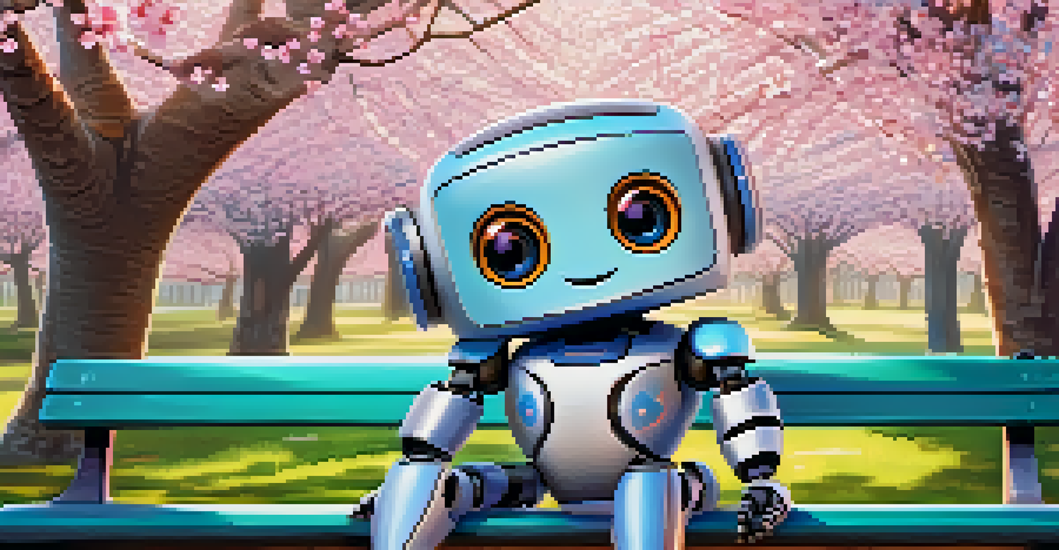 A small, cute robot with expressive eyes sitting on a park bench surrounded by cherry blossoms.