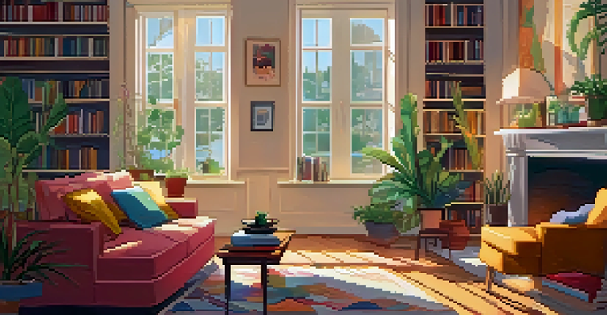 A warm and inviting living room with soft lighting, colorful sofa, coffee table, and plants.