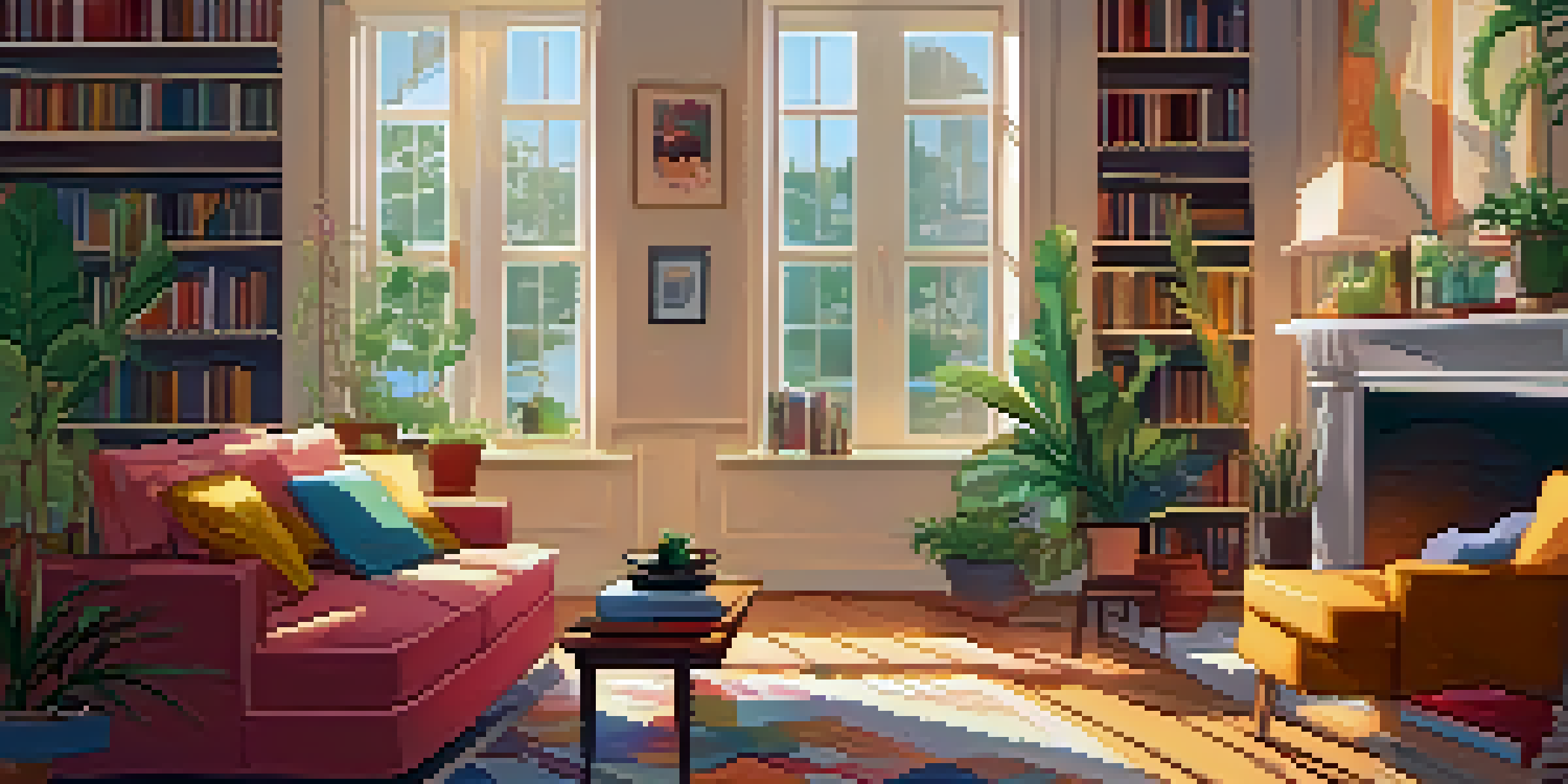 A warm and inviting living room with soft lighting, colorful sofa, coffee table, and plants.