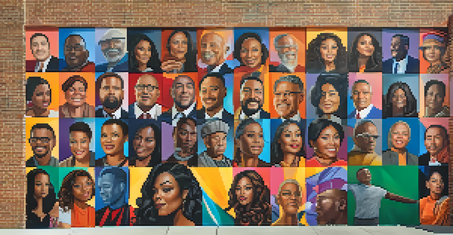 A colorful mural representing prominent figures in Hollywood activism, showcasing diversity and unity on a brick wall.