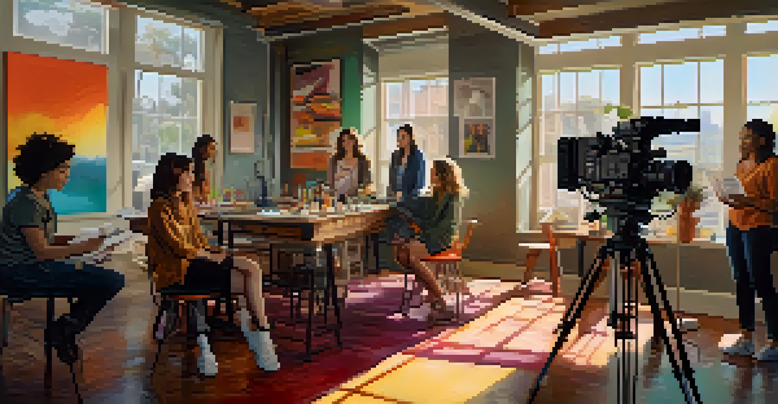 A diverse group of female filmmakers collaborating on a project in a vibrant, modern film set.