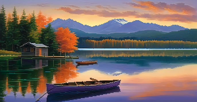 A tranquil lakeside view at sunset with colorful reflections on the water, a wooden dock, and a rowboat.