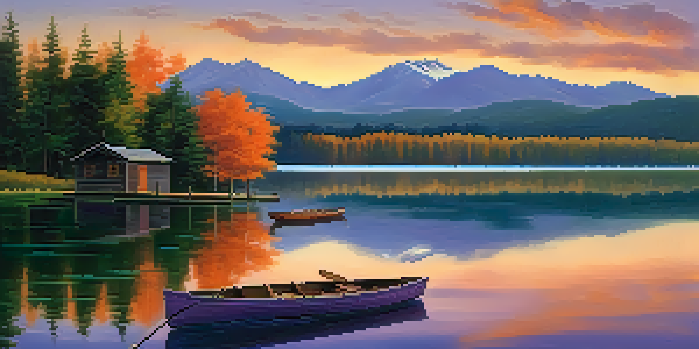 A tranquil lakeside view at sunset with colorful reflections on the water, a wooden dock, and a rowboat.