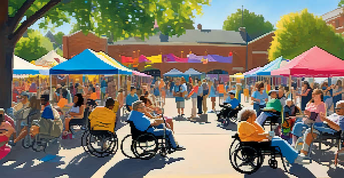 A diverse group of people with disabilities enjoying an outdoor art festival with colorful installations and banners under sunlight.