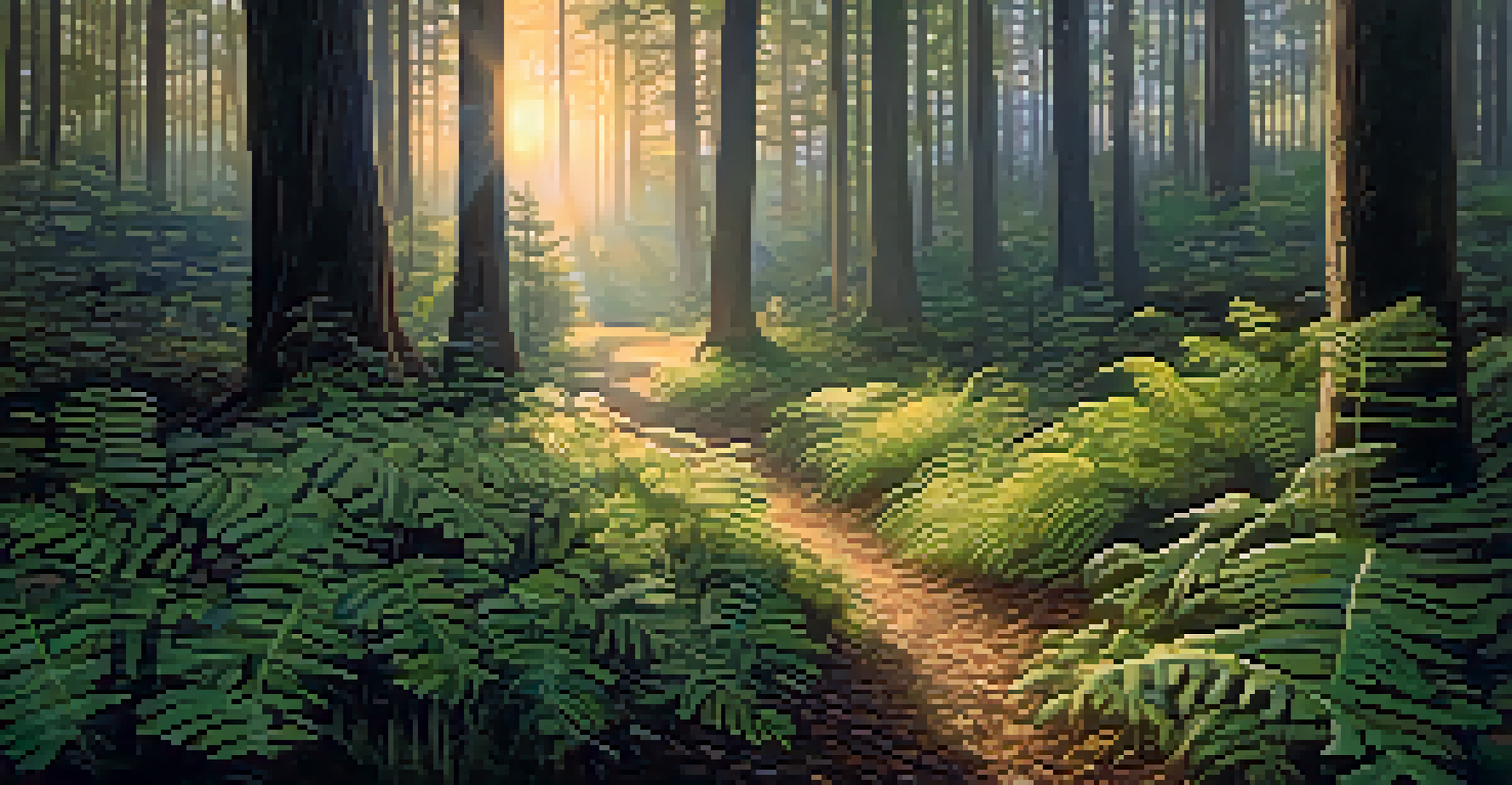 A peaceful forest scene at dusk with tall trees, golden light filtering through leaves, and wild mushrooms on the forest floor.