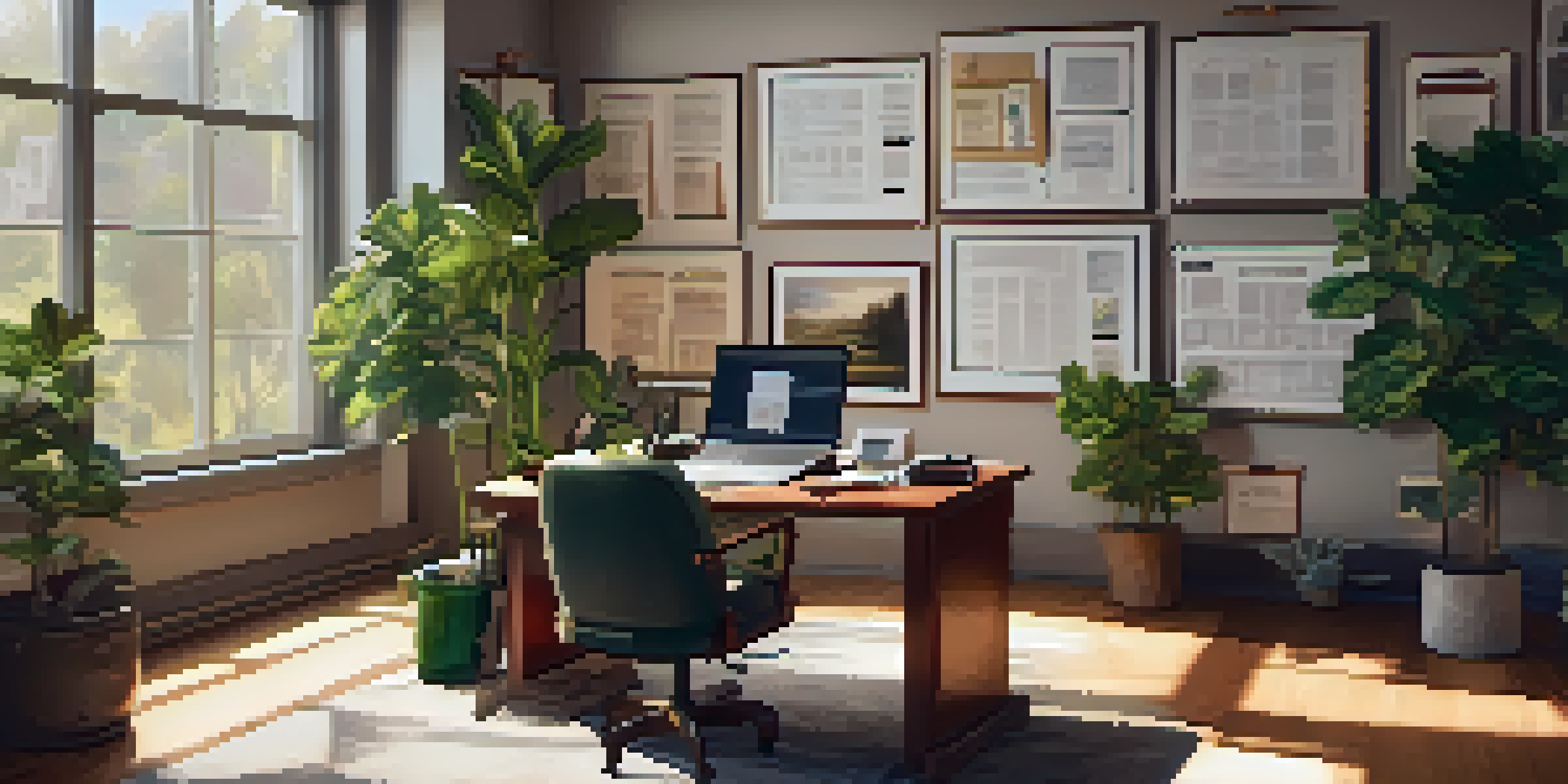 A warm and inviting casting director's office filled with headshots, resumes, and audition videos, showcasing a professional yet cozy atmosphere.