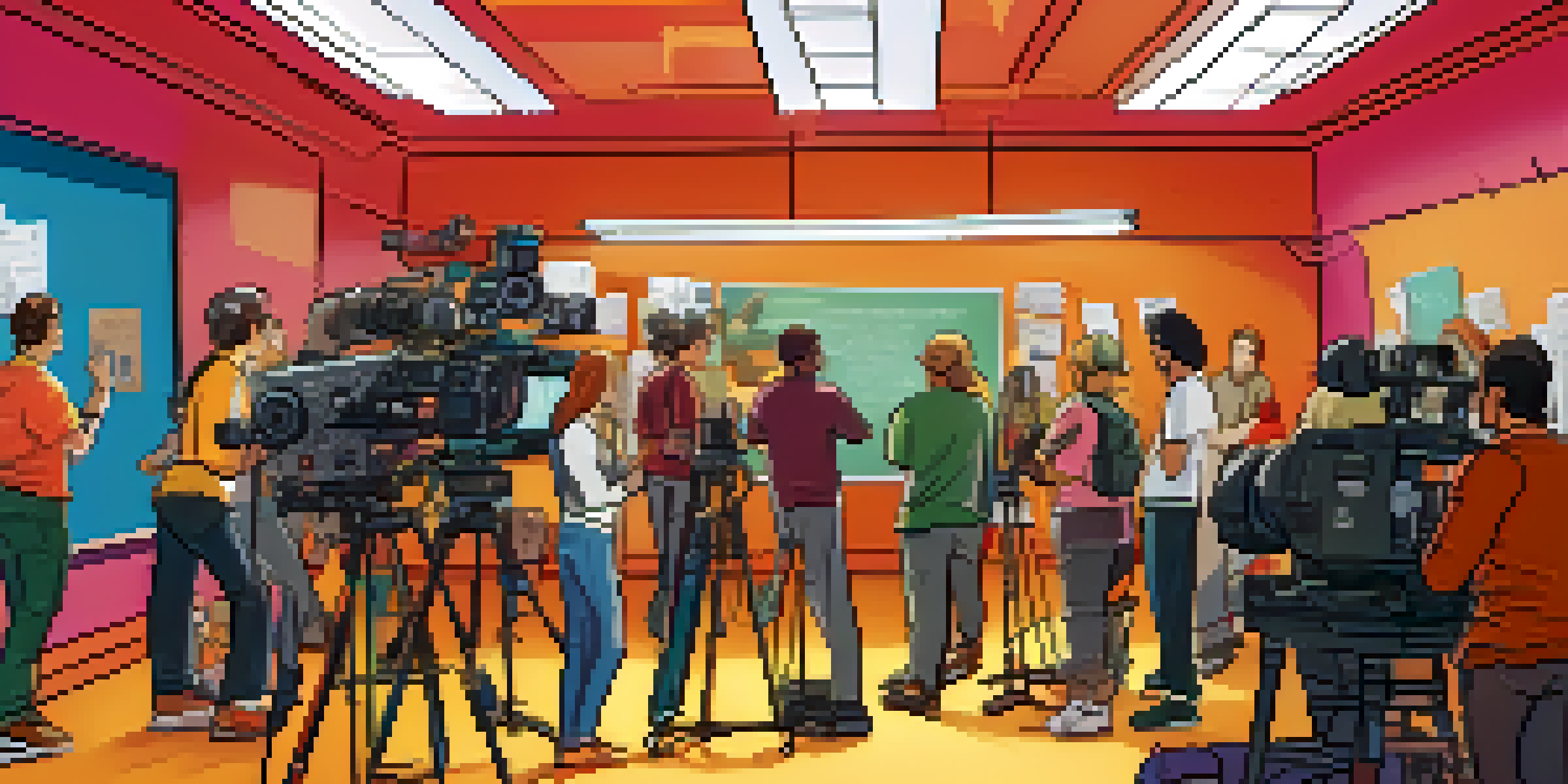 A busy film set with a diverse group of filmmakers discussing a script, surrounded by cameras and equipment.