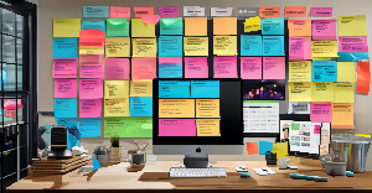 A close-up of a marketing strategy board with colorful notes, graphs, and film images in a modern office setting, showcasing creative planning.