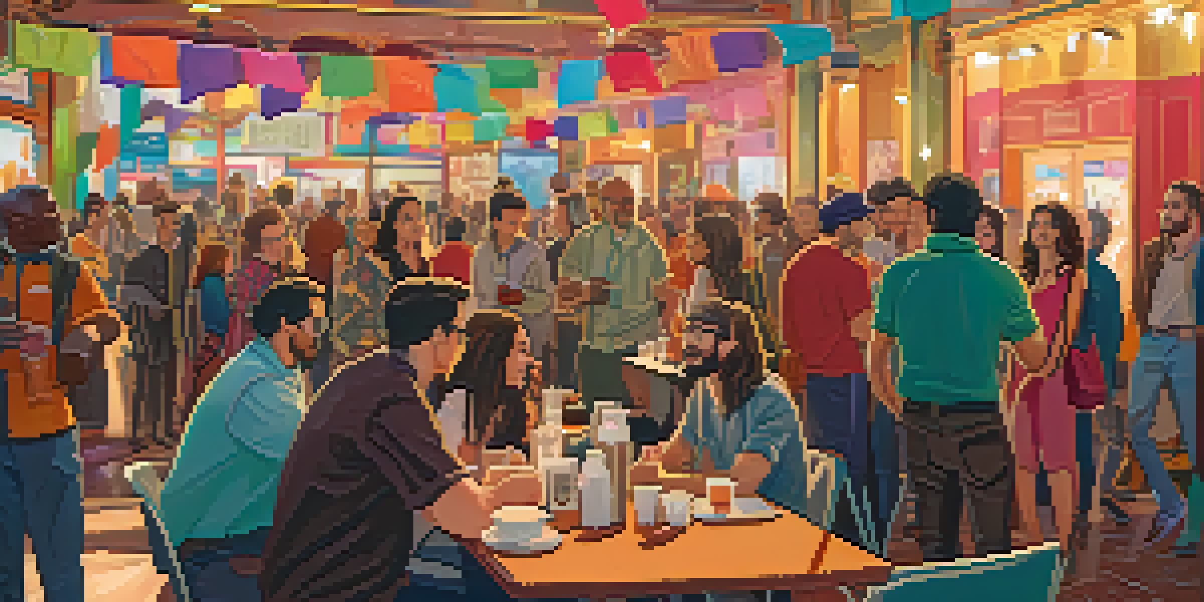 A lively film festival with filmmakers and actors networking under colorful banners, engaged in conversations with coffee cups in hand.