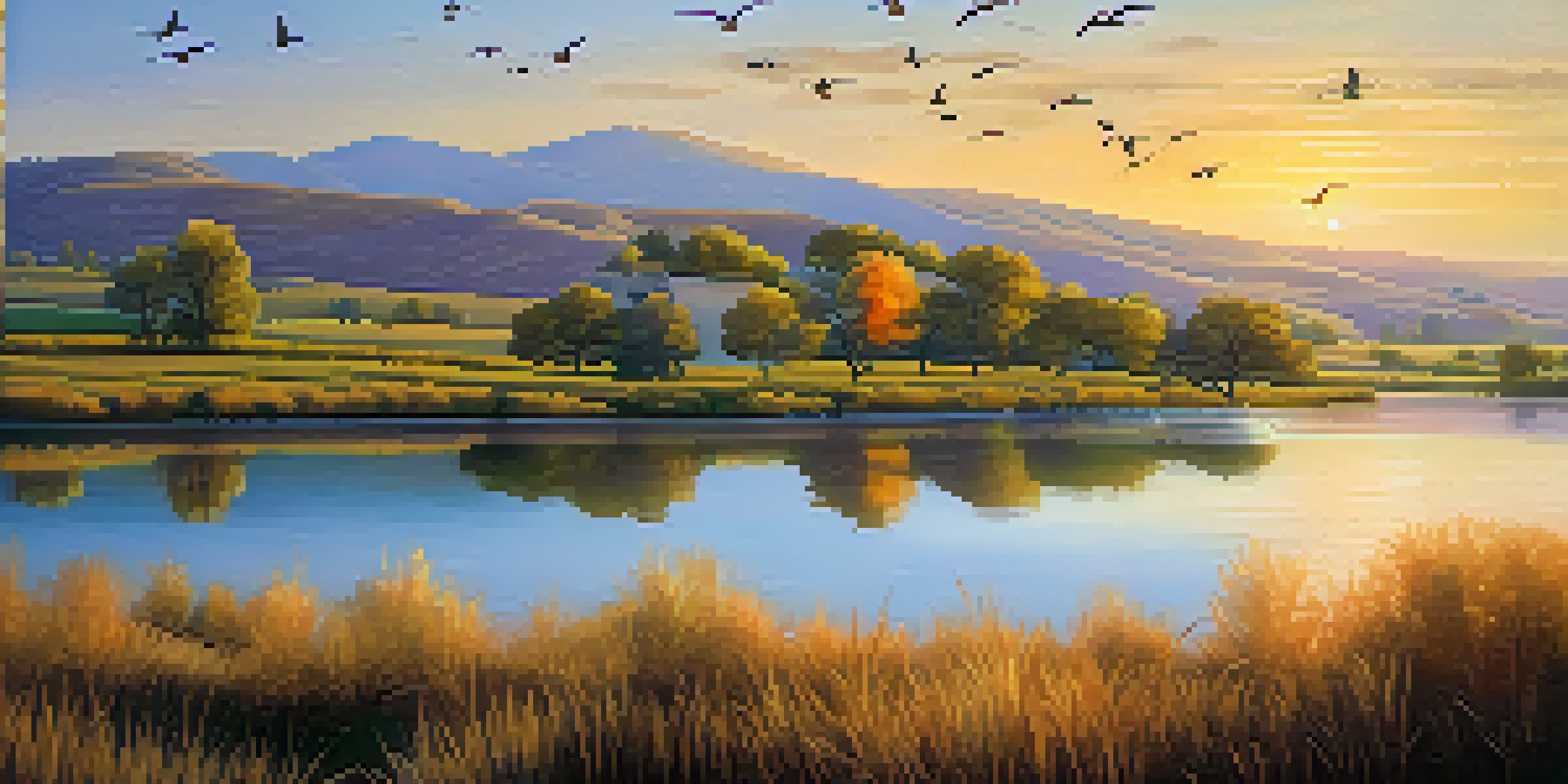 A peaceful countryside scene with hills, a river, and a willow tree at sunset, with birds flying in the sky.