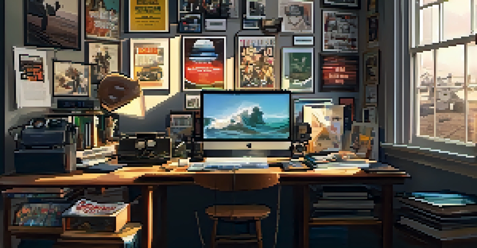 A filmmaker's workspace with a laptop, vintage camera, and film reels, filled with natural light and decorated with movie posters.