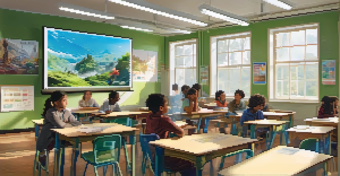 A classroom with students watching a documentary on a large screen, surrounded by educational posters and bright natural light.
