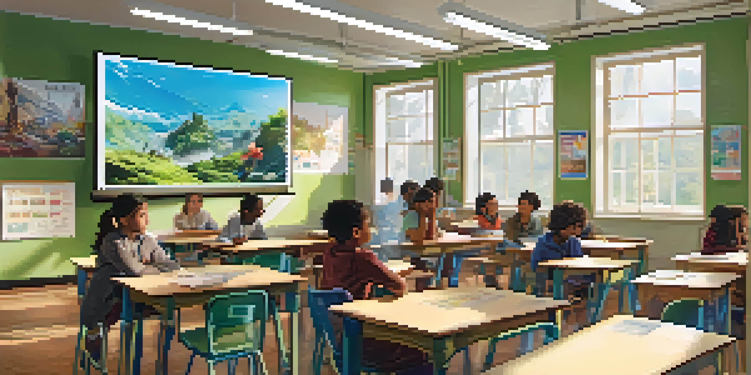A classroom with students watching a documentary on a large screen, surrounded by educational posters and bright natural light.
