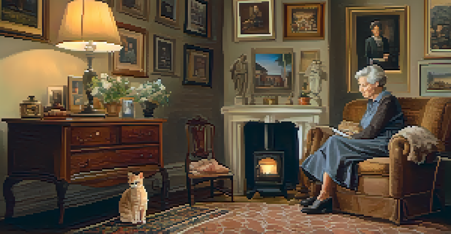 An elderly woman gazing at a photograph in a warmly lit living room filled with antiques and family portraits.