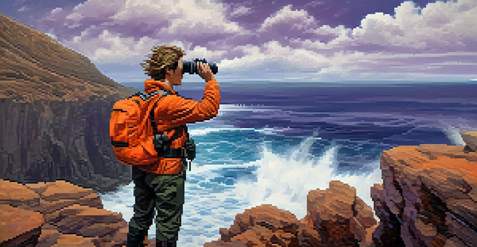 A character in adventure gear standing on a cliff overlooking a vibrant ocean scene with dramatic clouds.