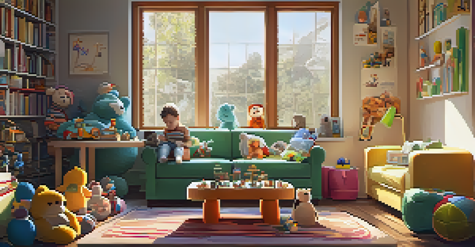 A child playing with eco-friendly toys in a cozy living room, surrounded by plush characters and sunlight.