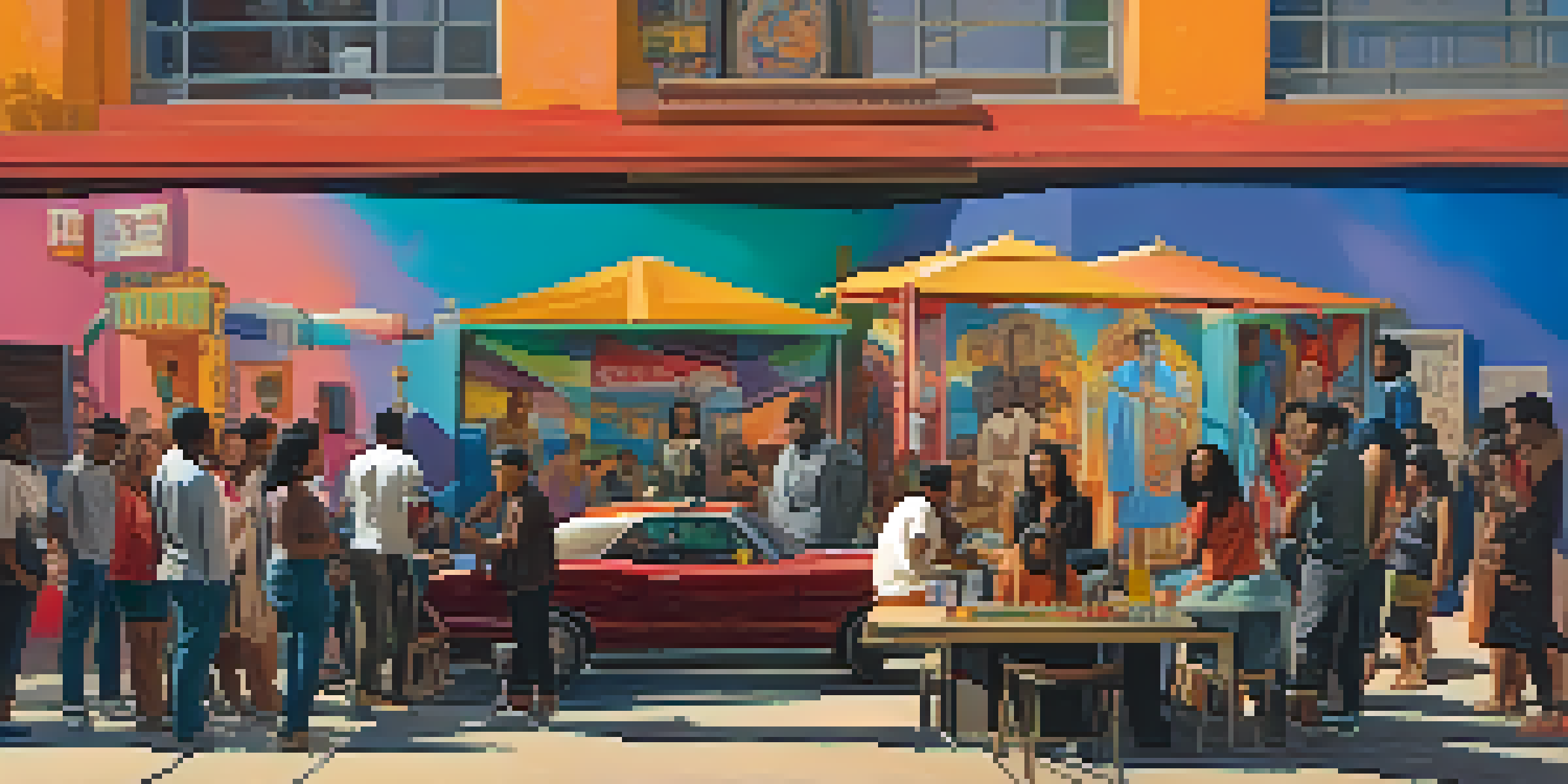 A diverse group of filmmakers collaborating on a movie set with colorful cultural murals in the background.