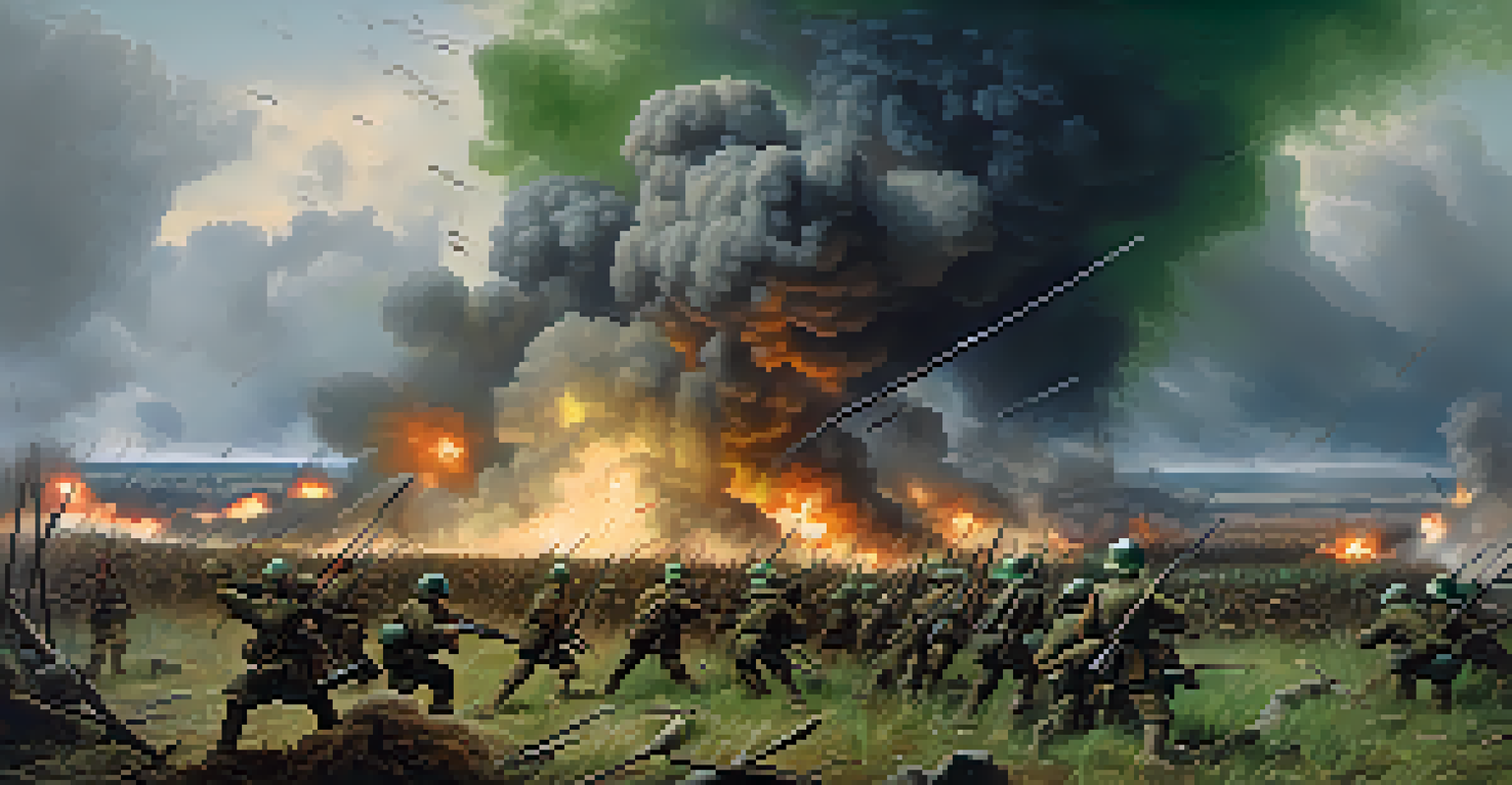 A chaotic battlefield scene with soldiers in action and explosions in the distance.