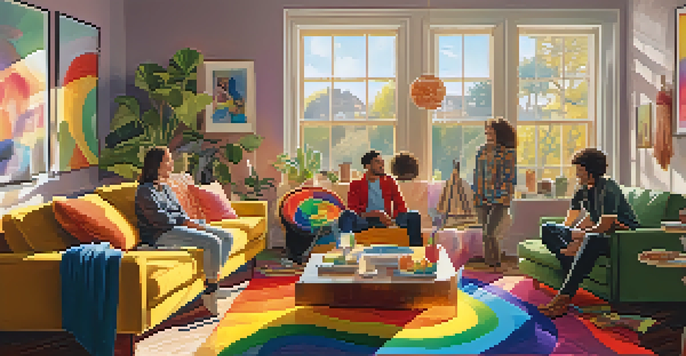 A cozy living room with friends celebrating LGBTQ+ culture, colorful art, and sunlight streaming through the windows.