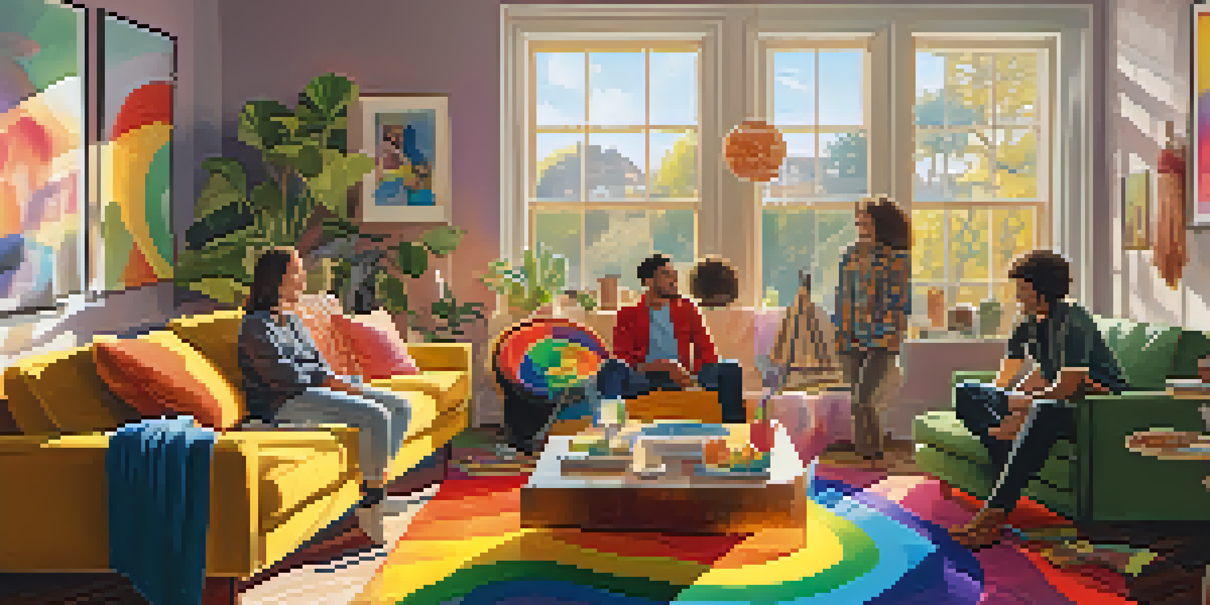 A cozy living room with friends celebrating LGBTQ+ culture, colorful art, and sunlight streaming through the windows.