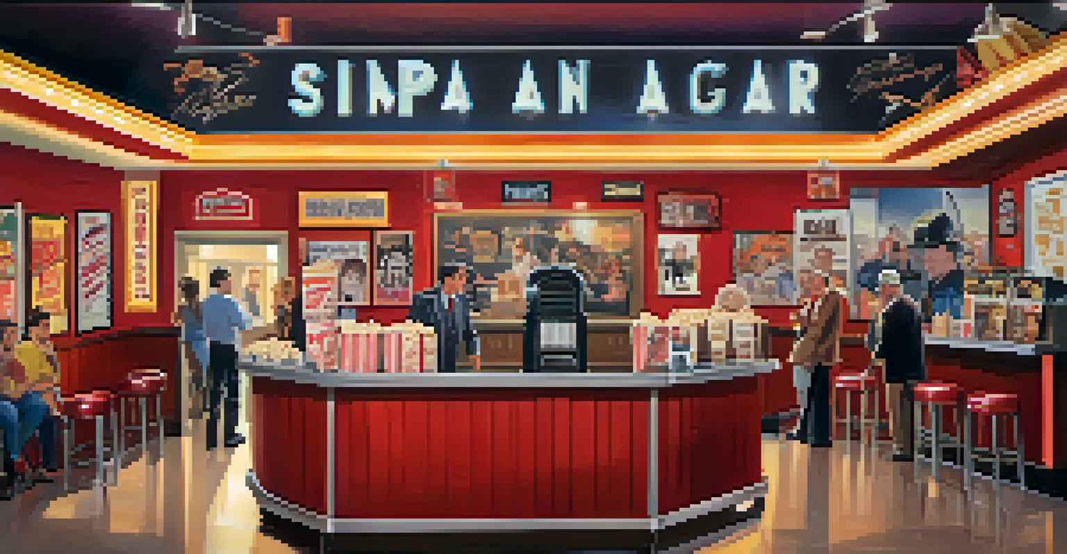 A cozy cinema lobby filled with vintage film memorabilia and playful parody posters, showcasing patrons enjoying the movie experience together.