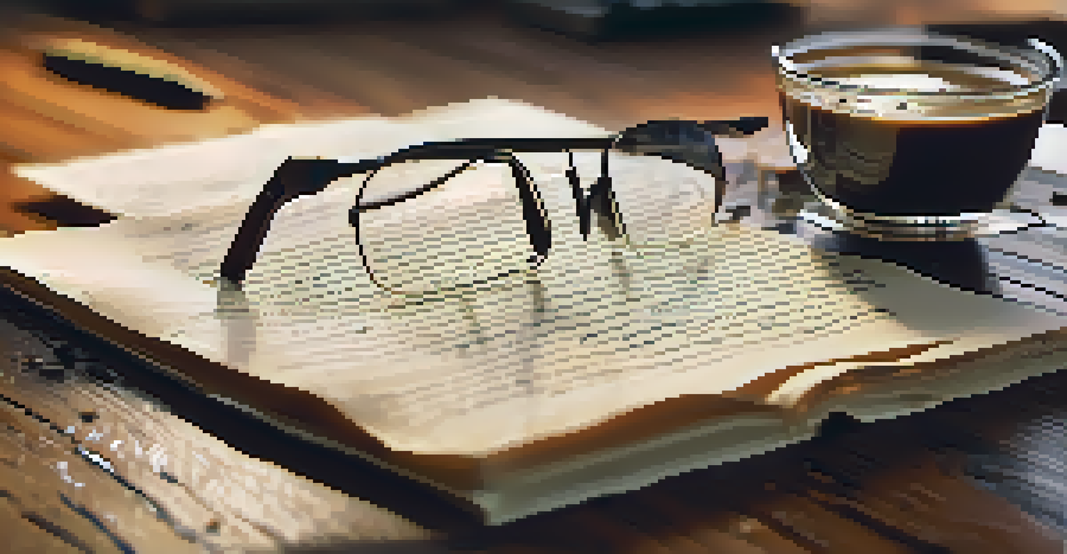 A script page with notes and coffee stains on a wooden table, alongside a pen and glasses.