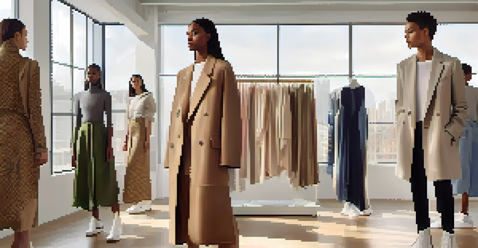 A modern fashion scene featuring diverse models in sustainable clothing inside a minimalist studio.