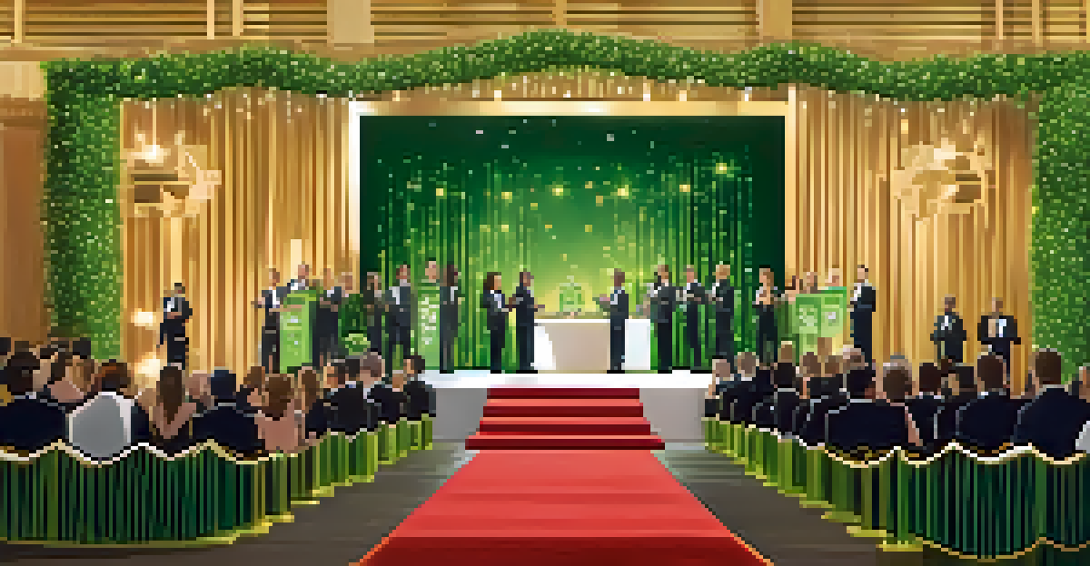 A glamorous awards ceremony celebrating sustainability with biodegradable decorations and recycled awards.