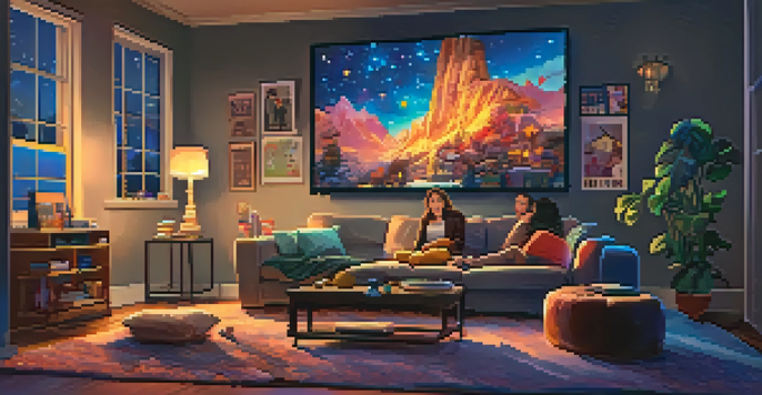 A family gathered in a cozy living room for movie night with a warm atmosphere and a starry sky visible through the window.